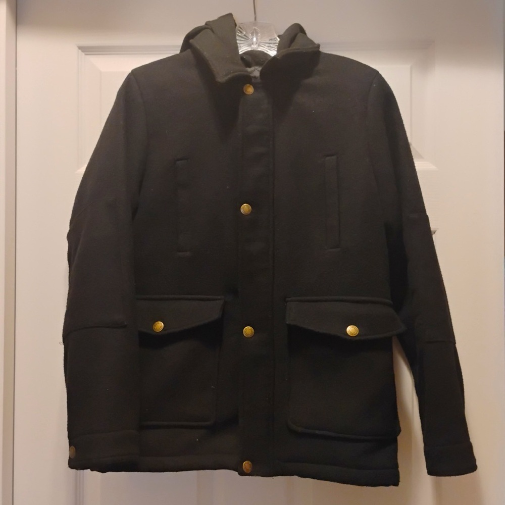 London Fog Black Wool Bland Hooded Jacket Gold Buttons Winter Coat Size L14/16